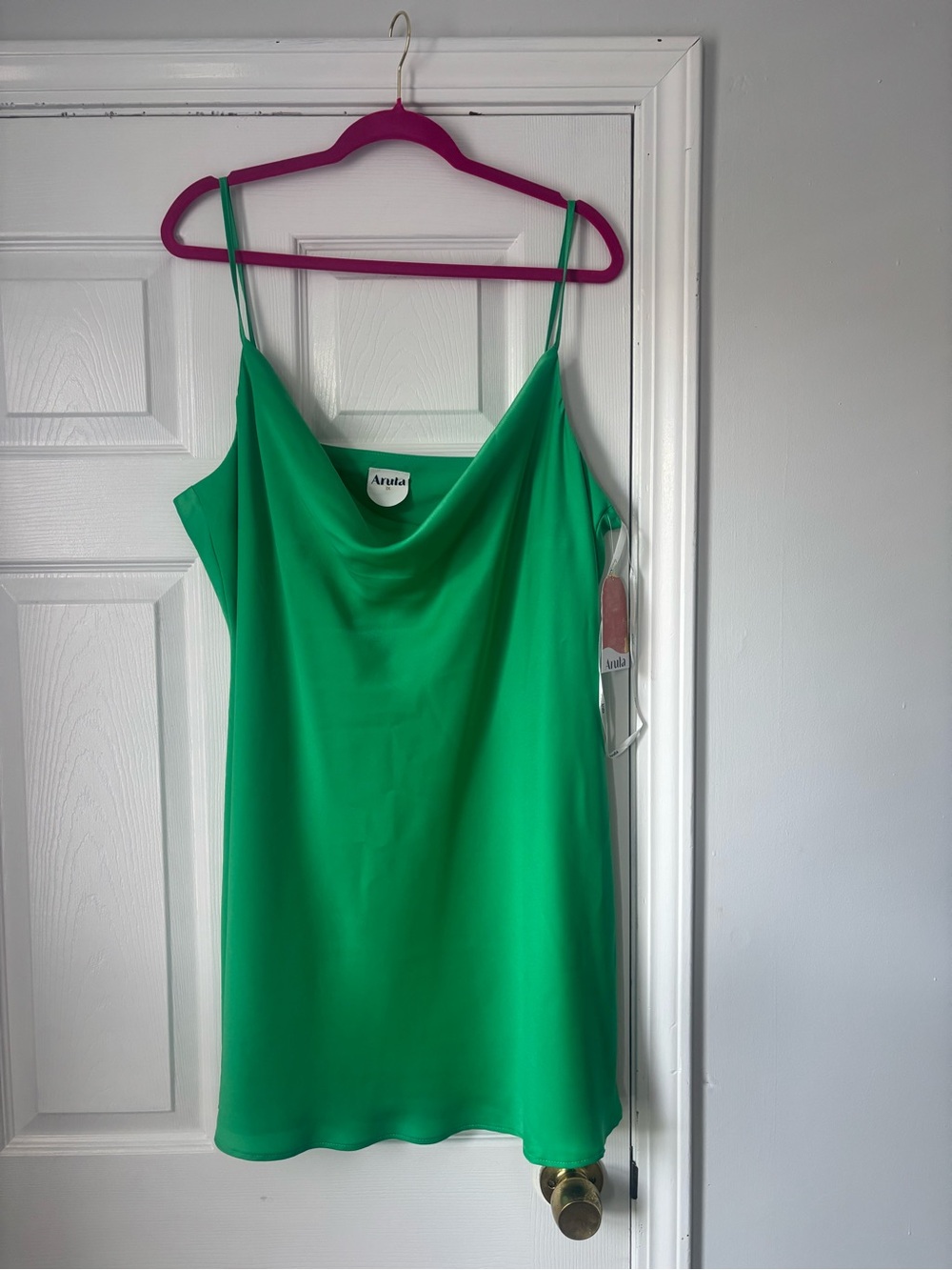 ARULA Green Satin Slip Dress with Cowl Neck